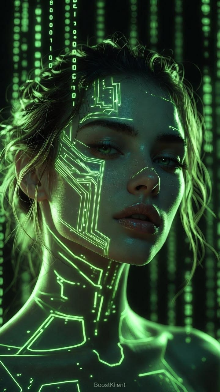 Cyborg portrait in green circuit light