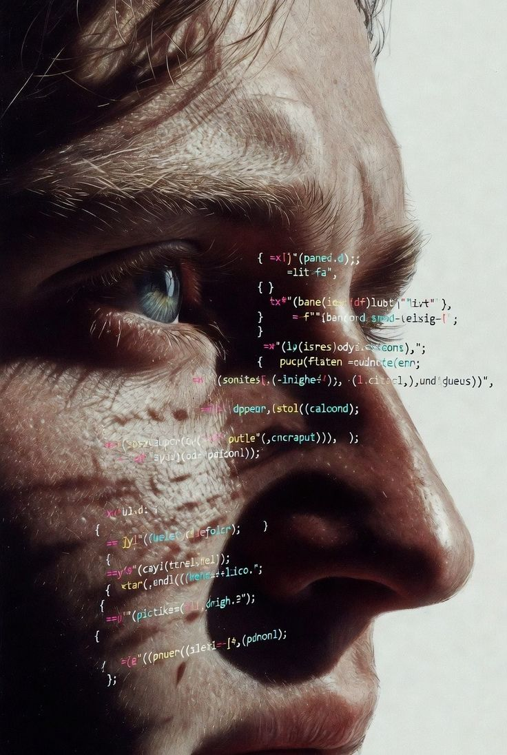 Profile face with code overlay